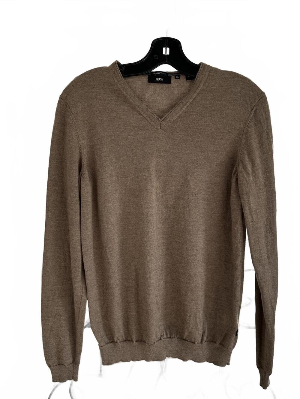 Hugo Boss Brown Slim Fit 100% Extrafine Merino V-Neck Sweater - Size XL